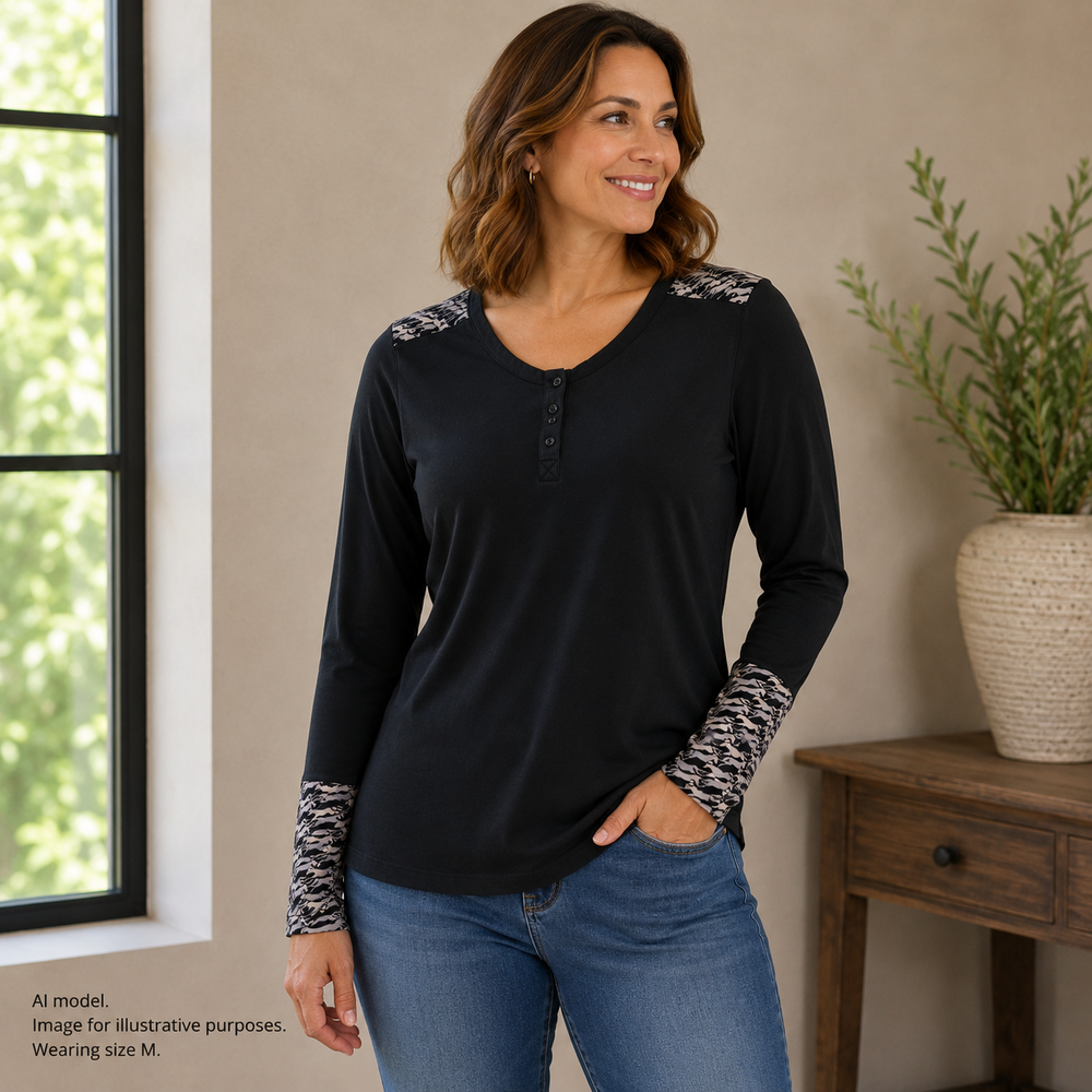 Kerrits Shirt Womens Medium Black Horse Long Sleeve Henley Riding Equestrian